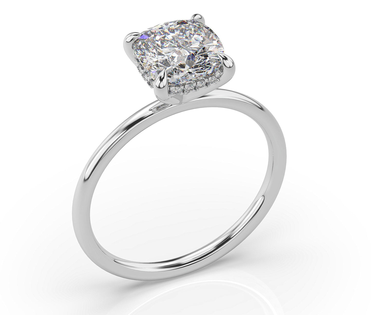 Cushion Hidden Halo Thin Band Solitaire Engagement Ring